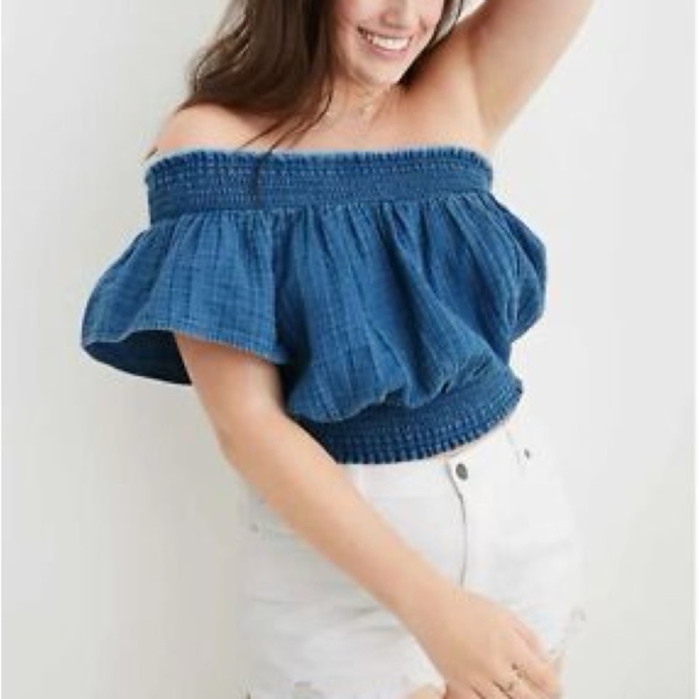 Aerie Pool To Party One Shoulder Gauze Cropped Blouse